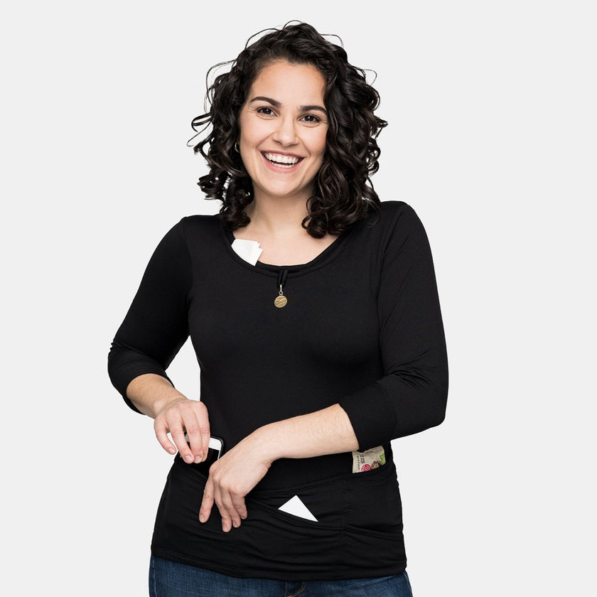 Black long sleeve T-shirt with multiple discreet pockets for small items